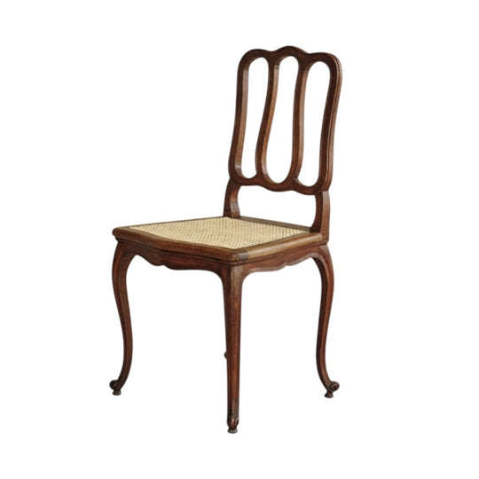 Set of Eight Vintage French Provincial Dining Chairs – Timber, Hand-Woven Cane Seats, Scalloped Backs, Carved Cabriole Legs, French-Polished