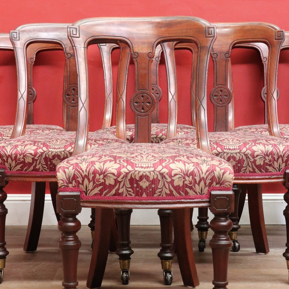 Set of Six Antique English Mahogany Victorian Dining Chairs with Porcelain Castors and Damask Upholstered Seats. 13080 | Bazaa | Designer, Vintage and Antique Furniture