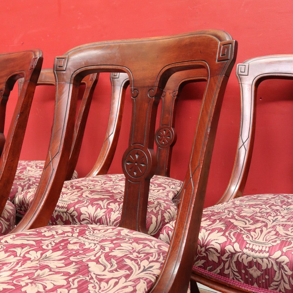 Set of Six Antique English Mahogany Victorian Dining Chairs with Porcelain Castors and Damask Upholstered Seats. 13080 | Bazaa | Designer, Vintage and Antique Furniture