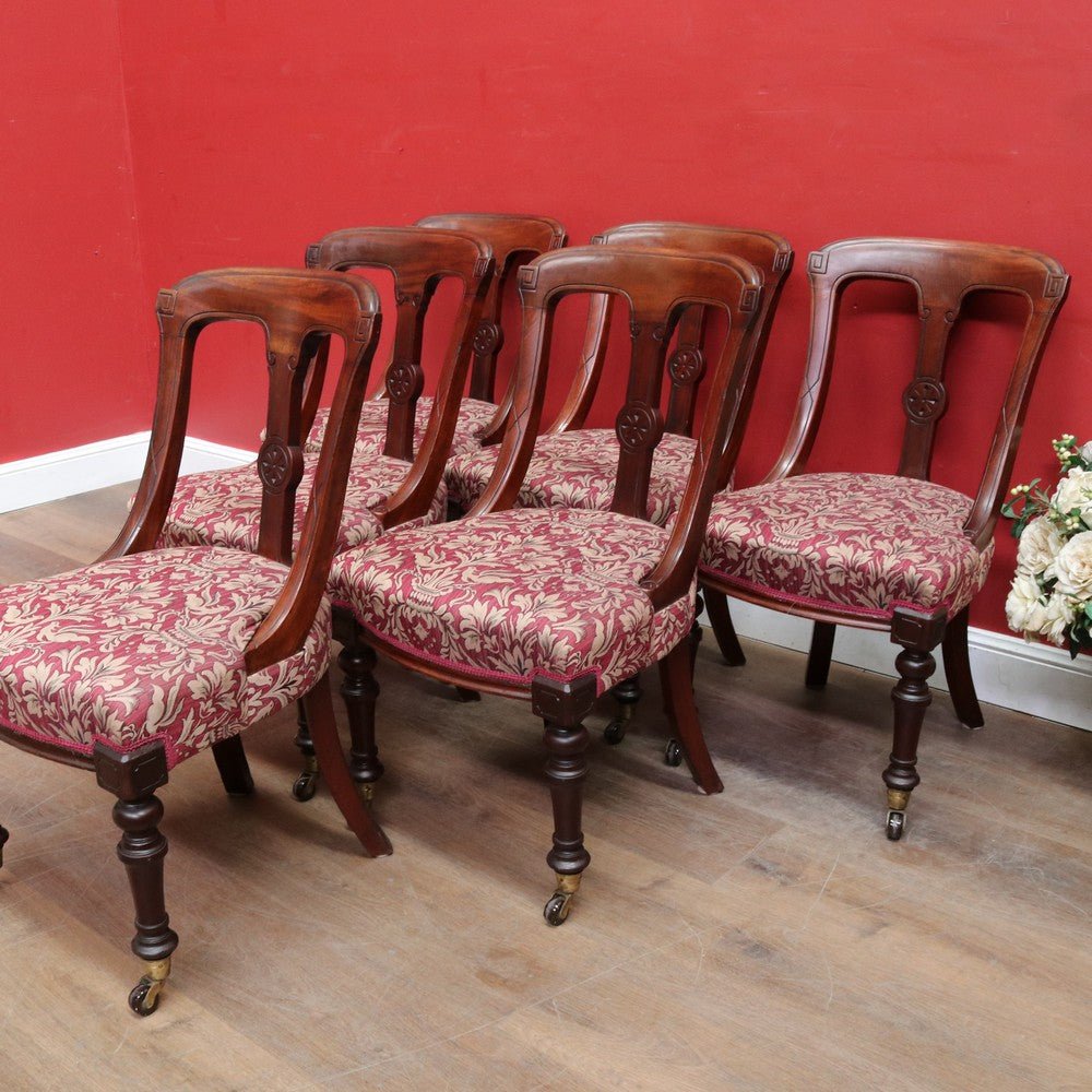 Set of Six Antique English Mahogany Victorian Dining Chairs with Porcelain Castors and Damask Upholstered Seats. 13080 | Bazaa | Designer, Vintage and Antique Furniture