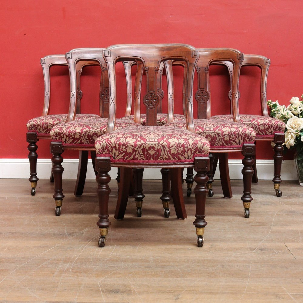 Set of Six Antique English Mahogany Victorian Dining Chairs with Porcelain Castors and Damask Upholstered Seats. 13080 | Bazaa | Designer, Vintage and Antique Furniture