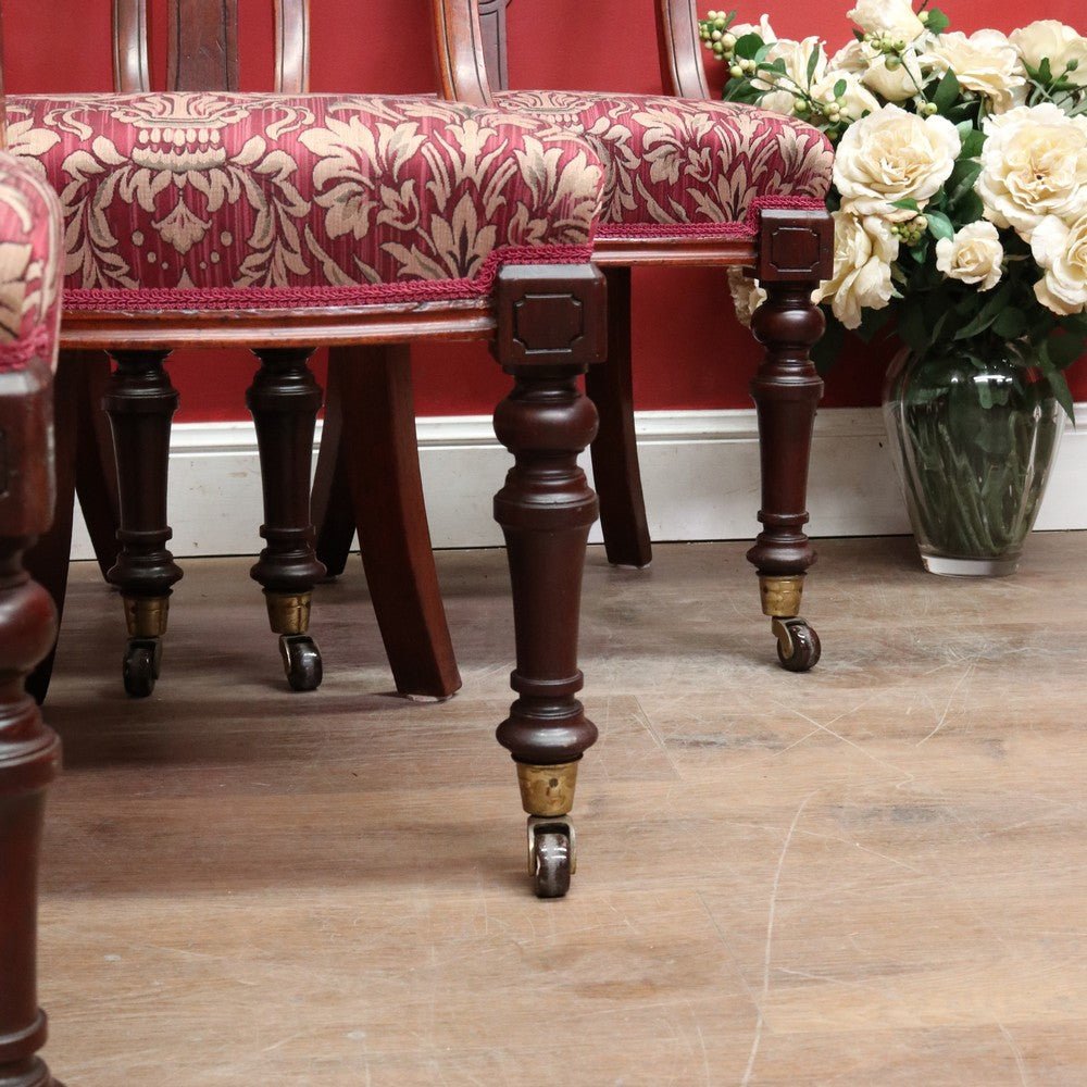Set of Six Antique English Mahogany Victorian Dining Chairs with Porcelain Castors and Damask Upholstered Seats. 13080 | Bazaa | Designer, Vintage and Antique Furniture