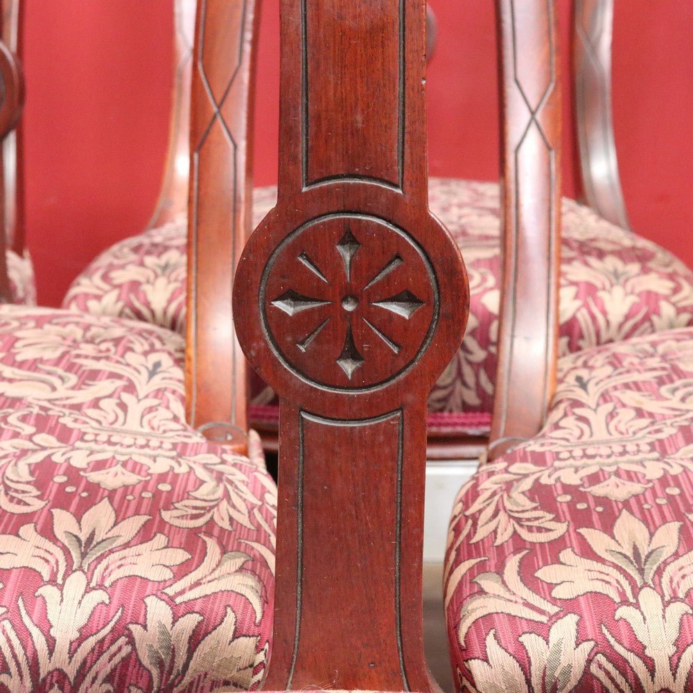 Set of Six Antique English Mahogany Victorian Dining Chairs with Porcelain Castors and Damask Upholstered Seats. 13080 | Bazaa | Designer, Vintage and Antique Furniture