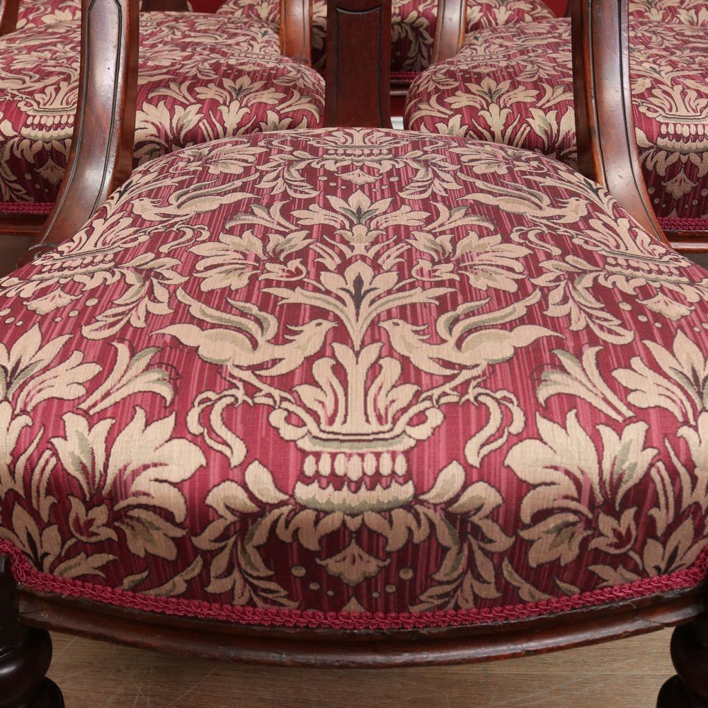 Set of Six Antique English Mahogany Victorian Dining Chairs with Porcelain Castors and Damask Upholstered Seats. 13080 | Bazaa | Designer, Vintage and Antique Furniture