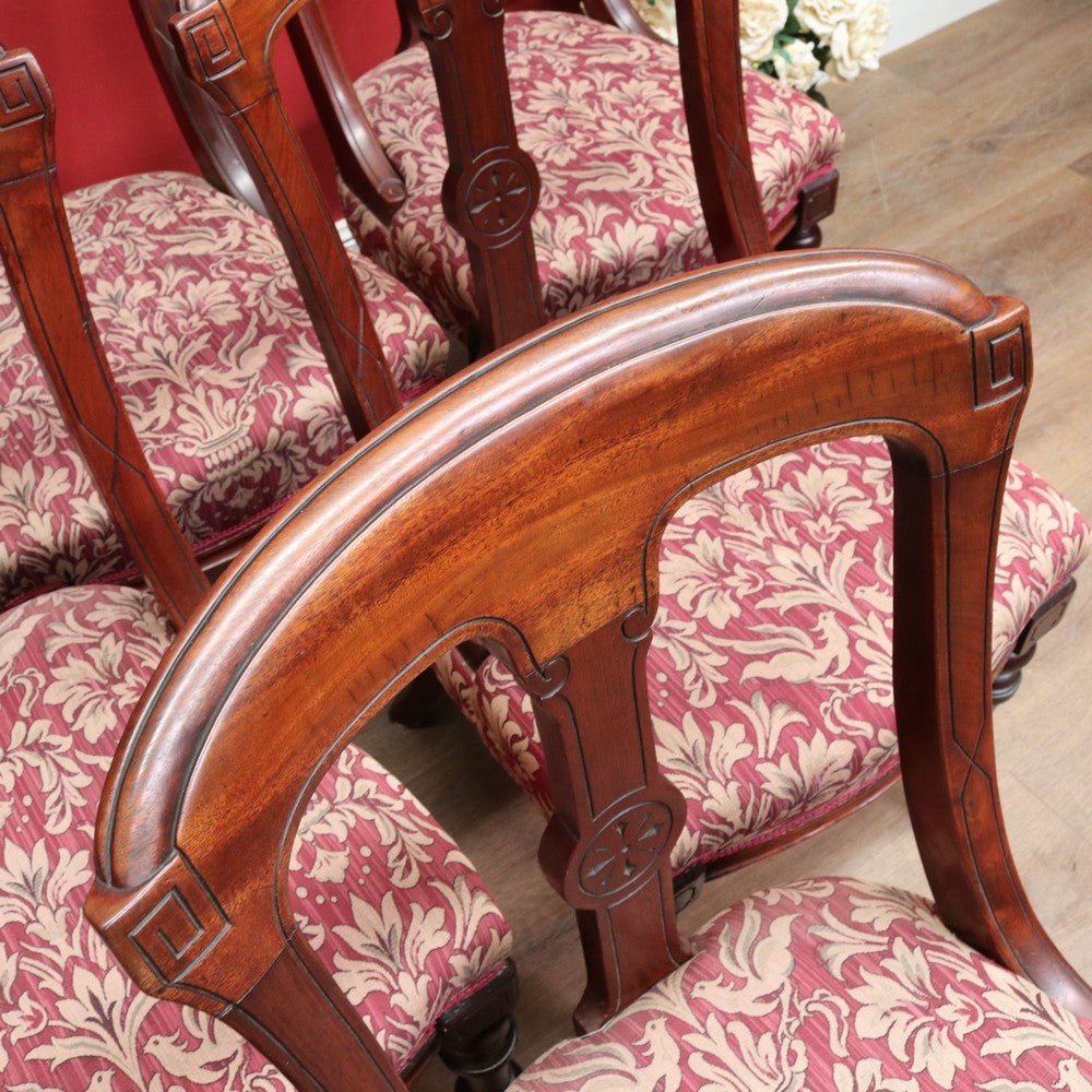 Set of Six Antique English Mahogany Victorian Dining Chairs with Porcelain Castors and Damask Upholstered Seats. 13080 | Bazaa | Designer, Vintage and Antique Furniture