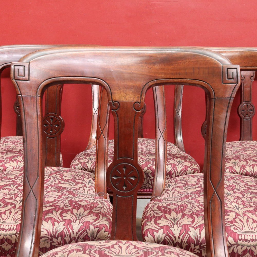 Set of Six Antique English Mahogany Victorian Dining Chairs with Porcelain Castors and Damask Upholstered Seats. 13080 | Bazaa | Designer, Vintage and Antique Furniture