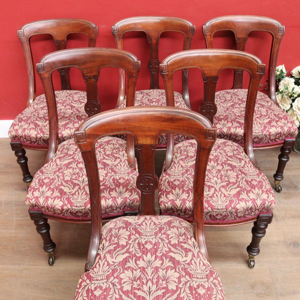 Set of Six Antique English Mahogany Victorian Dining Chairs with Porcelain Castors and Damask Upholstered Seats. 13080 | Bazaa | Designer, Vintage and Antique Furniture