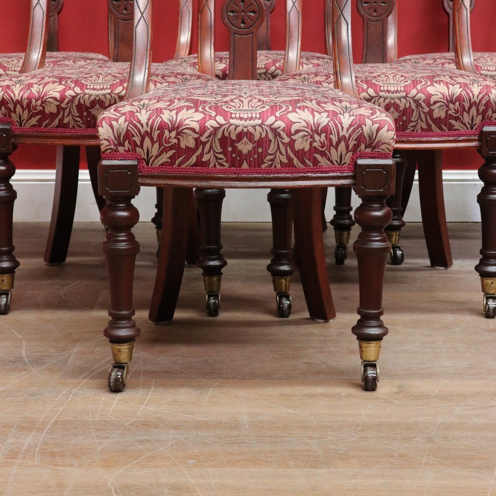 Set of Six Antique English Mahogany Victorian Dining Chairs with Porcelain Castors and Damask Upholstered Seats. 13080 | Bazaa | Designer, Vintage and Antique Furniture