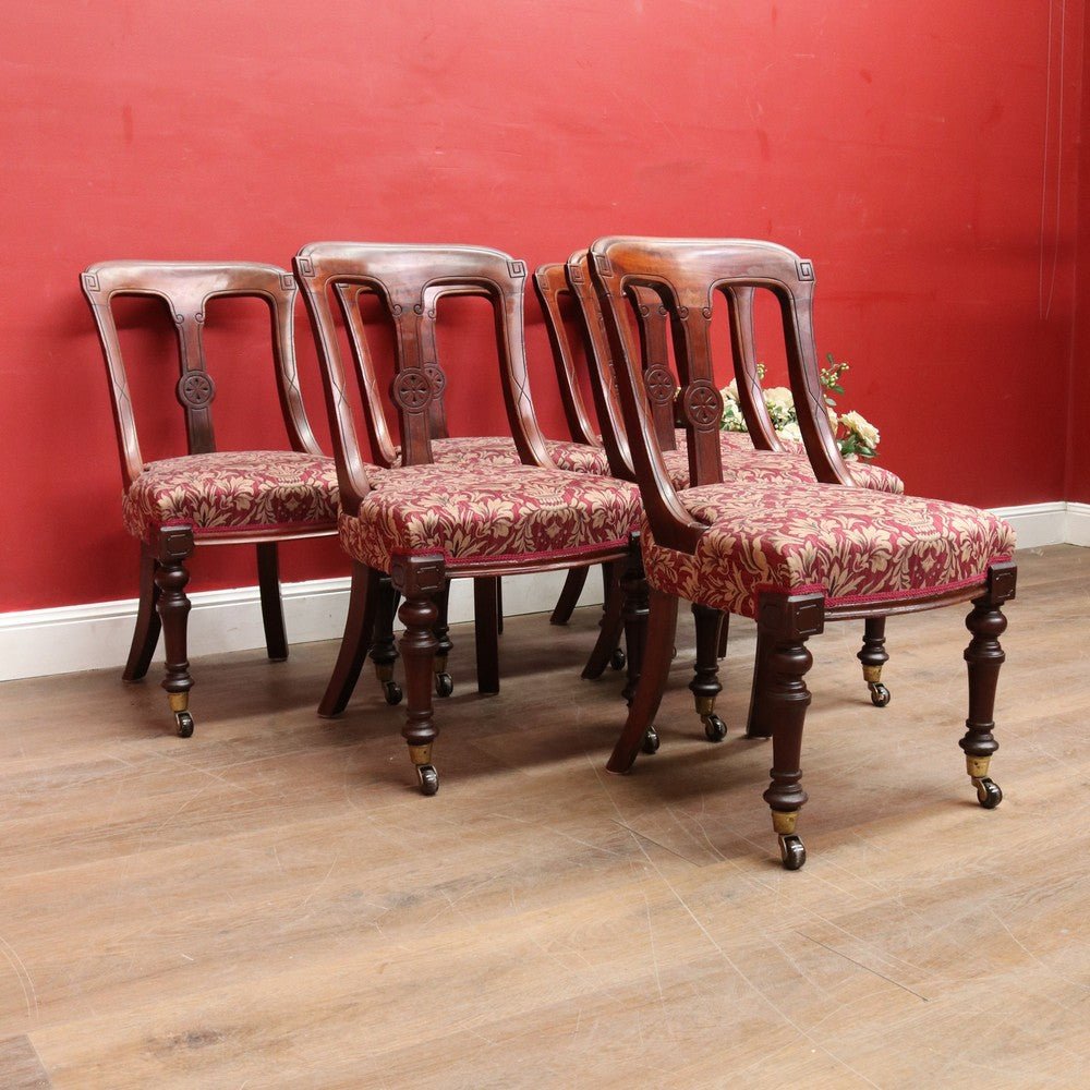 Set of Six Antique English Mahogany Victorian Dining Chairs with Porcelain Castors and Damask Upholstered Seats. 13080 | Bazaa | Designer, Vintage and Antique Furniture