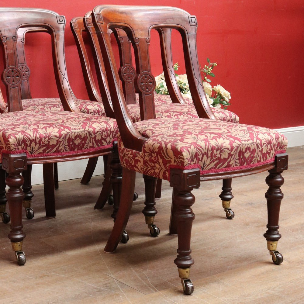 Set of Six Antique English Mahogany Victorian Dining Chairs with Porcelain Castors and Damask Upholstered Seats. 13080 | Bazaa | Designer, Vintage and Antique Furniture