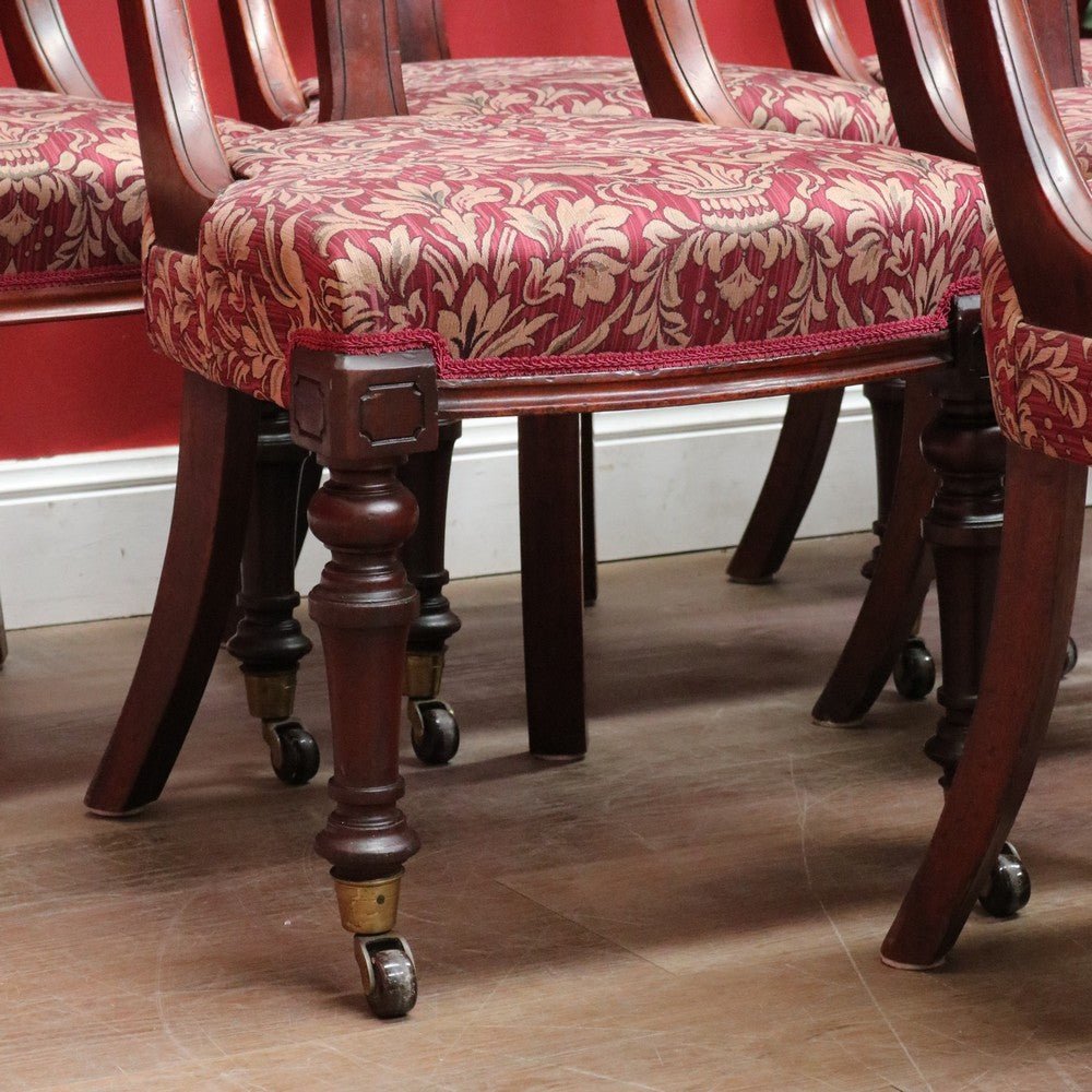 Set of Six Antique English Mahogany Victorian Dining Chairs with Porcelain Castors and Damask Upholstered Seats. 13080 | Bazaa | Designer, Vintage and Antique Furniture