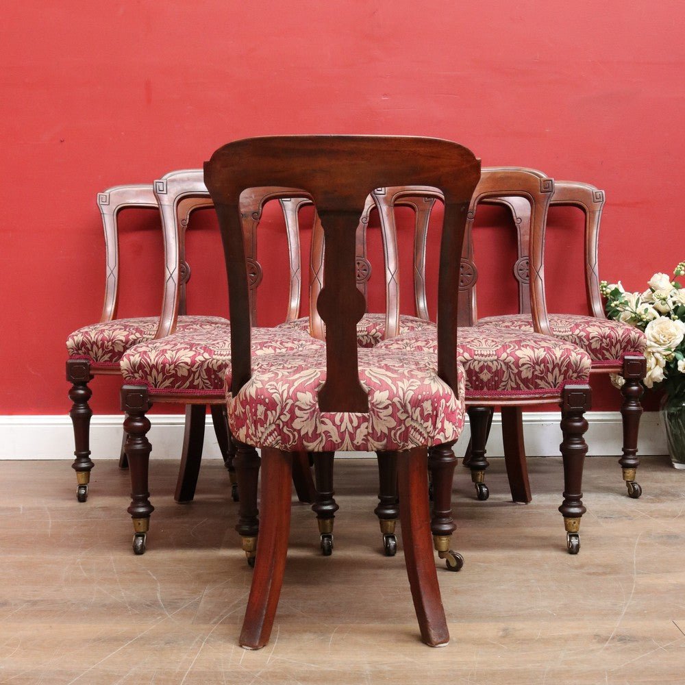 Set of Six Antique English Mahogany Victorian Dining Chairs with Porcelain Castors and Damask Upholstered Seats. 13080 | Bazaa | Designer, Vintage and Antique Furniture