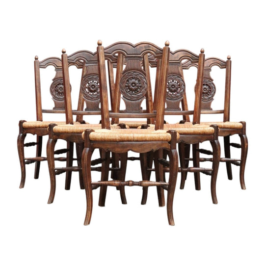 Set of Six Antique French Dining Chairs with Carved Details and Curved Backs and Floral Centrepiece. B12642