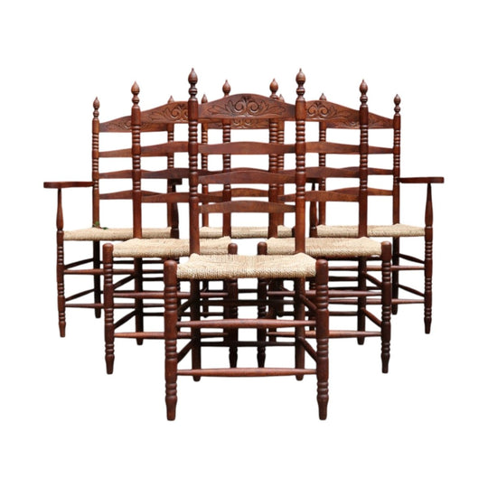 Set of Six Antique French Ladder Back Dining Chairs with Rush Seats. B12692