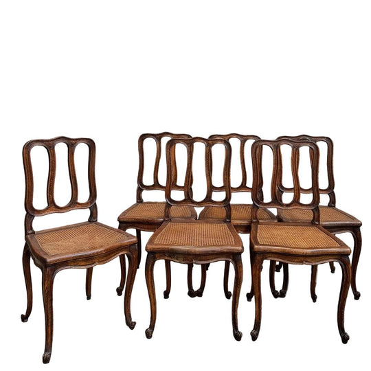Set of Six Antique French Louis XV Style Oak Dining Chairs with Cane Seats, Late 19th Century