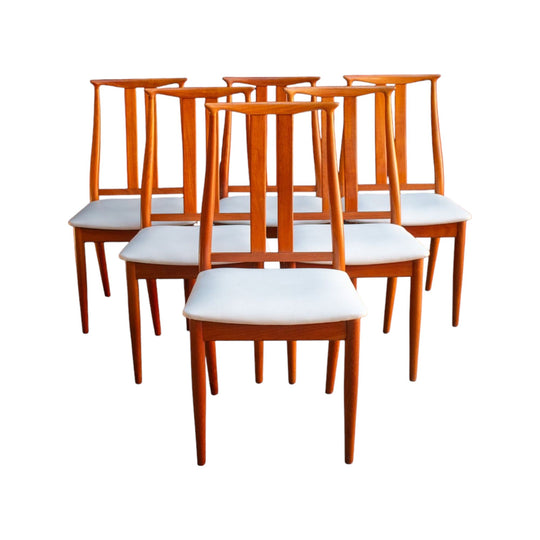 Set of Six Danish Design Furniture Dining Chairs – Slatted Back, White Vinyl Seats