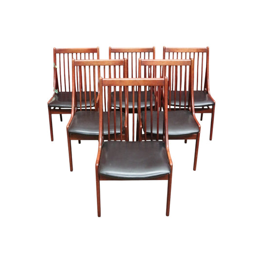 Set of Six Mid-Century Scandinavian Dining Chairs – Spindle Back, Black Seats. B12589