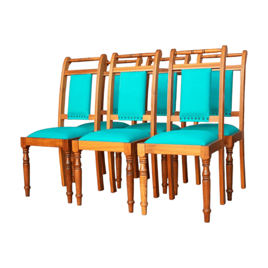 Set of Six Mid-Century Solid Timber Dining Chairs with Turquoise Upholstery, Turned Front Legs and Studded Back Panels