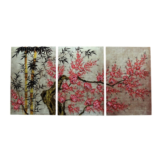 Set of Three Japanese Cherry Blossom Artworks with Gold Leaf and Lacquer Finish. B12879