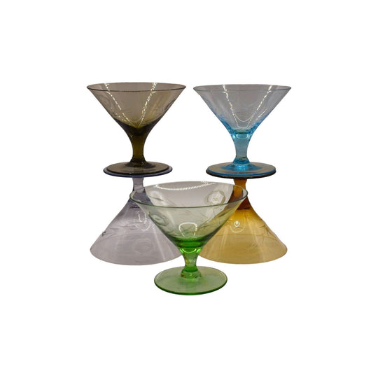 Short stemmed etched Harlequin Cocktail glasses. Set of 5