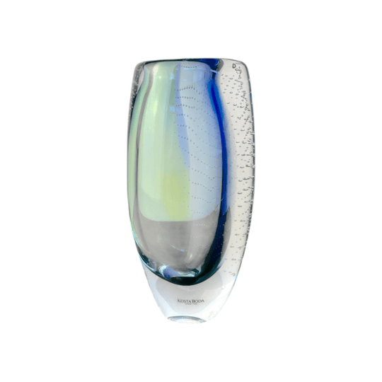 Signed Kosta Boda Art Glass Vase by Göran Warff | Blue & Green Sommerso Crystal with Controlled Bubbles