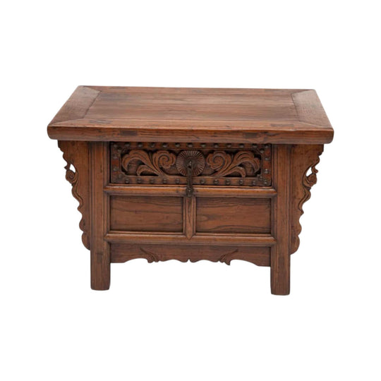 Single drawer kang table with chrysanthemum carving
