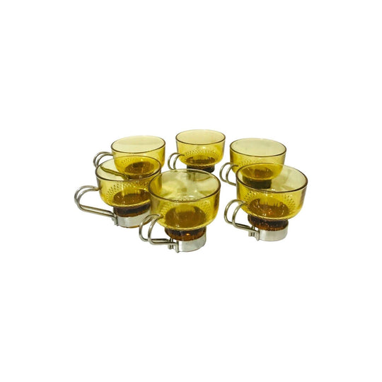 Six amber colored glass demitasse cups with chrome handles and a chrome holder from Italy / Amber Espresso Cups