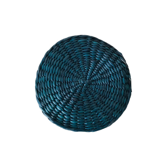 Six Woven Teal Blue Bamboo Coasters Set with Basket Holder