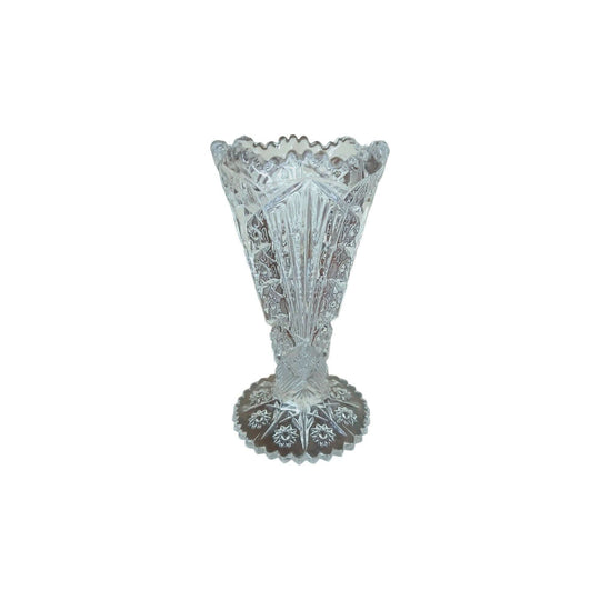 Small EAPG Imperial Clear Glass Vase Footed With Saw tooth Rim And Star Hobnail Base / Pressed Glass Trumpet Vase