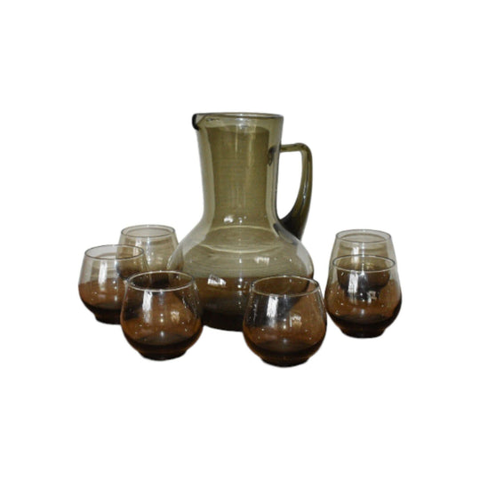 Smokey Green cocktail pitcher with six roly poly glasses.