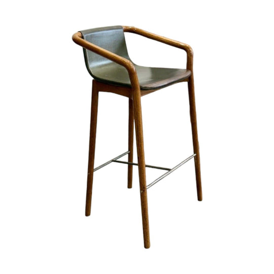 SP01 Thomas Bar Stool by Tim Simon – Solid Ash, Draped Leather Seat and Backrest, Wraparound Armrest
