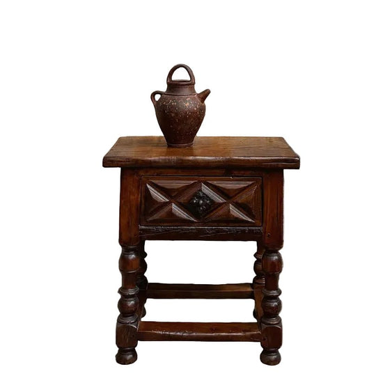 Spanish 18th-Century-Style Oak Side Table with Carved Drawer and Lathe-Turned Legs