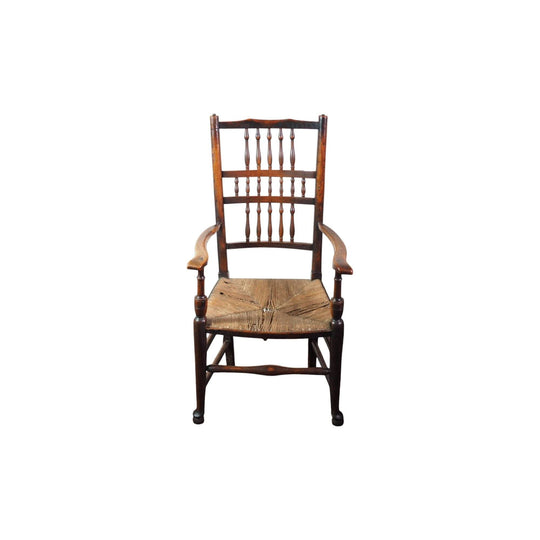 Spindleback armchair with rush seat, circa 1800