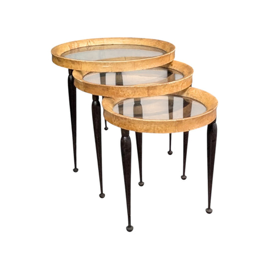 Nest of Three Italian Goatskin and Glass Nesting Tables in the Manner of Aldo Tura Circa 1950s