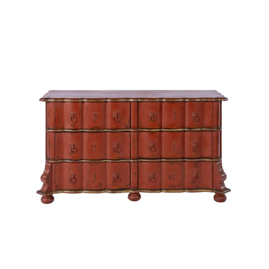 Statement Antique French 18th Century Louis XV style commode with red patina and gracefully curved serpentine front from Provence