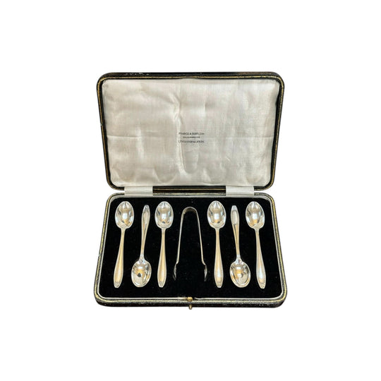 Sterling silver set coffee spoons and tongs c.1927