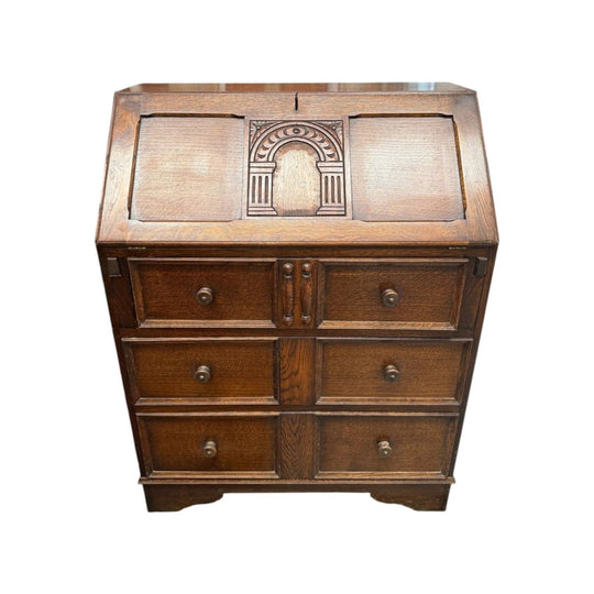 Oak Drop-Front Writing Bureau, c.1950 – Fitted Interior, Three Drawers, Carved and Turned Handles
