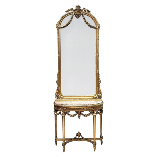 Superb 19th century French gilt half round rouge marble top console table and mirror c.1870