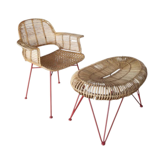 Swedish Scandinavian Rattan Lounge Chair & Ottoman Set - c.1960s