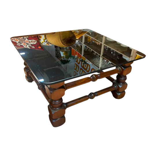 Solid Timber & Smoked Glass Coffee Table – Chunky Sculptural Base