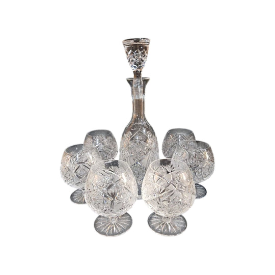 Six Antique Cut crystal Bohemia brandy snifter "Paris cut" with Decanter, C 1920