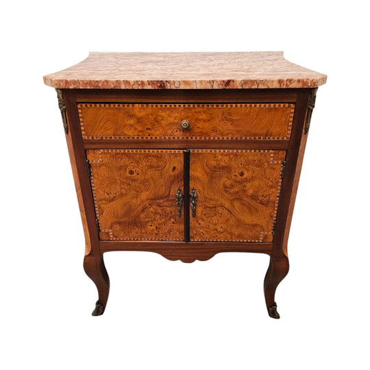 French Burr Walnut & Walnut Marble Top Side Cabinet