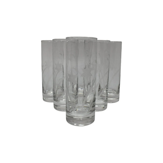 Tall narrow "Collins" tumblers. Etched Glass water glass. Cocktail Glasses. Set of 6