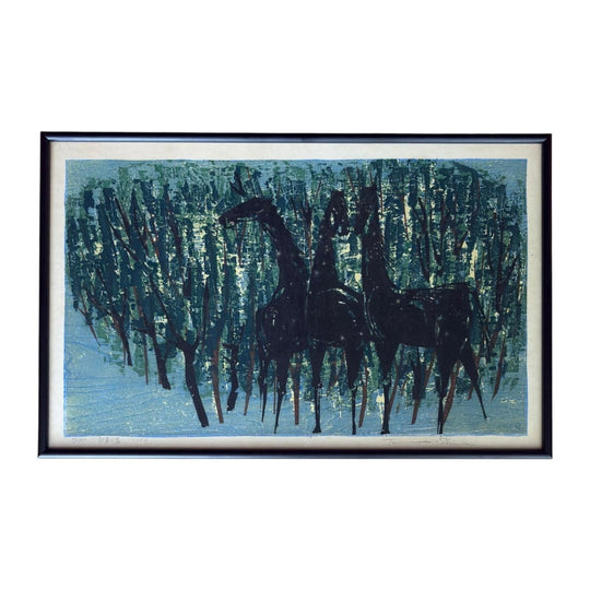 Tamami Shima (1937–1999) 'Whispering Horses', Rare Female Japanese Woodblock Print, c.1965