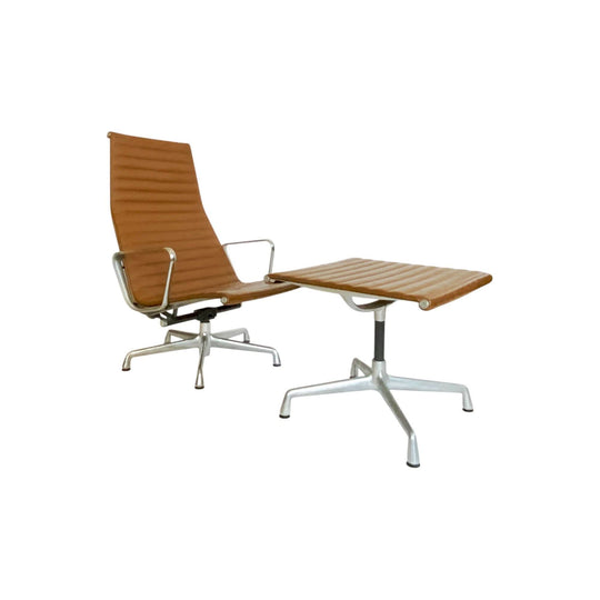 Tan Leather Eames Aluminium Group High Back Lounge Chair and Foot Stool