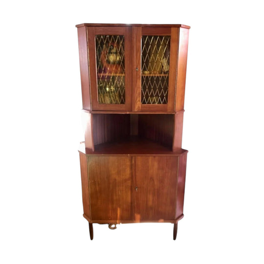 1960s–1970s Mid‑Century Teak Corner Cabinet with Amber Diamond‑Pattern Glass Doors, Lockable Sections, Cigar Legs