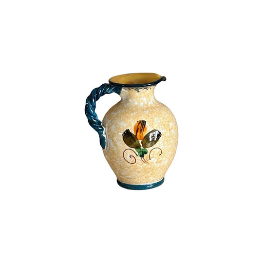 Terracotta pottery floral glazed pitcher, decanter, jug made in Italy vintage 1970s
