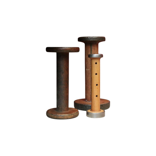 Three Antique Industrial Bobbins, Spools, Cotton or silk roving bobbins, now used as hat holder, Christmas scrolls, decorative pieces.