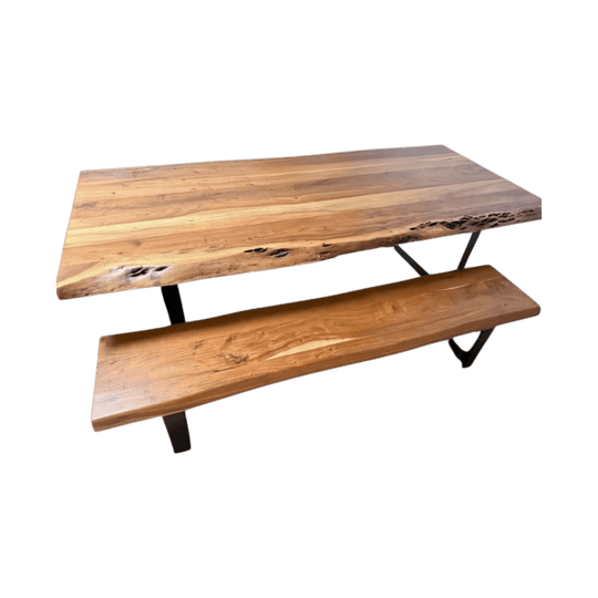 Timber dining table, bench and two chairs