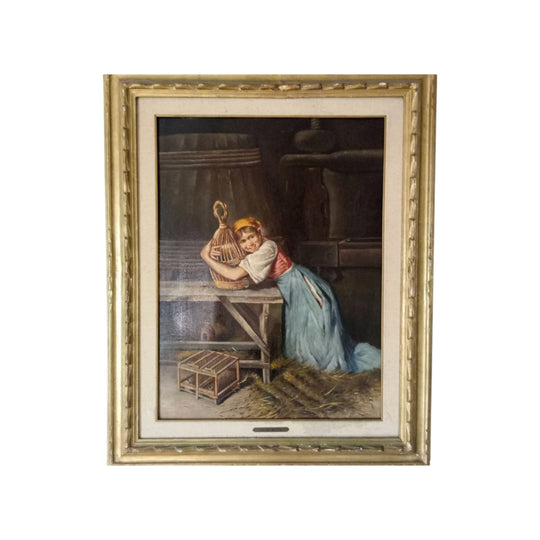 Original Italian oil on board painting /Girl with the birdcage/ by Luigi Rita